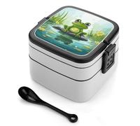 STVNKML Frog in A Pond Bento Box with Spoon & Handle - 2 Compartment Leak-Proof Stackable Lunch Box for Adults, BPA-Free Reusable Food Containers for Work, Travel, Picnic