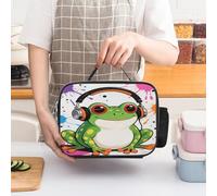 STVNKML Funny Cute Frog With Headphone Lunch Bag Tote Leakproof Lunch Box with Adjustable Handle Strap & Side Pocket | Triple Insulation Cooler for Work, Travel | Large Capacity Reusable Meal Bag