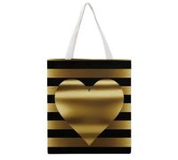 STVNKML Gold Heart Stripe Canvas Tote Bag for Women Cute Stylish Shoulder Bag Reusable Shopping Bags for Daily