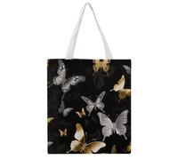 STVNKML Gold White Butterflies Black Canvas Tote Bag for Women Cute Stylish Shoulder Bag Reusable Shopping Bags for Daily
