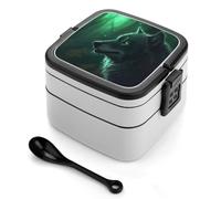 STVNKML Green Wolf Bento Box with Spoon & Handle - 2 Compartment Leak-Proof Stackable Lunch Box for Adults, BPA-Free Reusable Food Containers for Work, Travel, Picnic