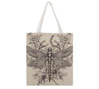 STVNKML Hand Drawn Floral Dragonfly Canvas Tote Bag for Women Cute Stylish Shoulder Bag Reusable Shopping Bags for Daily