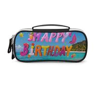 STVNKML Happy Birthday on The Beach Pencil Case - PU Leather Pencil Bag Multifunctional Zipper Pouch Bags Small Makeup & Stationery Organizer for Office, Travel, Men & Women (8.3x4.3x1.8in
