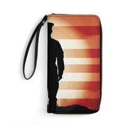 STVNKML Killer Whale Womens Wallet PU Leather Zip Around Wallet Clutch Wristlet Travel Long Purse for Women Card Organizer, Soldier Saluting America Flag, 19.7x10.5cm, Modern