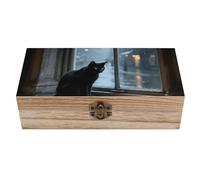 STVNKML Melancholy Black Cat Wooden Storage Box Wood Keepsake Box with Hinged Lid Decorative Wooden Storage Boxes Rustic Wood Gift Boxes Organizer Bins for Jewelry, Photos, Crafts & Gifts