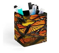 STVNKML Monarch Butterflies Pen Holder, Pencil Holder for Desk, PU Leather Desktop Pen Cup Storage, Square Desk Pencil Pens Organizer, Makeup Brush Holder for Home Office