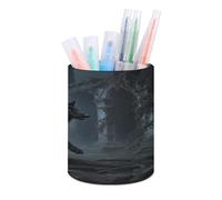 STVNKML Moon Wolf Theme Pen Holder, Pencil Holder for Desk, PU Leather Desktop Pen Cup Storage, Round Desk Pencil Pens Organizer, Makeup Brush Holder for Home Office