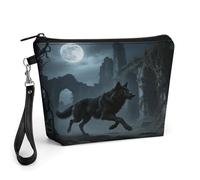 STVNKML Moon Wolf Theme Travel Makeup Bag Large Capacity Toiletry Bag with Handle - Waterproof PU Leather Cosmetic Organizer Bags