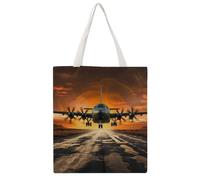 STVNKML Mountain Bike in The Evening Canvas Tote Bag for Women - Cute Stylish Shoulder Bag, Reusable Shopping Bags for Daily, Military Plane Landing on Airforce Runways Ag, 38x41cm