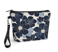 STVNKML Navy Blue Flowers Travel Makeup Bag Large Capacity Toiletry Bag with Handle - Waterproof PU Leather Cosmetic Organizer Bags