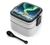STVNKML Northern Lights Polar Bear Bento Box with Spoon & Handle - 2 Compartment Leak-Proof Stackable Lunch Box for Adults, BPA-Free Reusable Food Containers for Work, Travel, Picnic