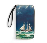 STVNKML Panda with A Tilted Head Womens Wallet Leather Coin Purse Clutch Wristlet Travel Long Wallets Card Organizer, Stormy waves vintage sailboat, 19.7x10.5cm