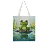 STVNKML Penguin Antarctica Ice Canvas Tote Bag for Women - Cute Stylish Shoulder Bag, Reusable Shopping Bags for Daily, Frog in a Pond, 38x41cm