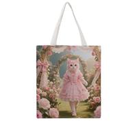 STVNKML Pink Cat in Rococo Rose Garden Canvas Tote Bag for Women Cute Stylish Shoulder Bag Reusable Shopping Bags for Daily