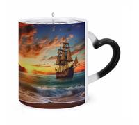 STVNKML Pirate Ship in The Sunset Color Changing Mug Heat Activated Novelty Coffee Cup with Ear Shape Design Gift Mugs for Christmas Birthday Wedding, Magic Ceramic Mug for Tea & Cocoa 12oz