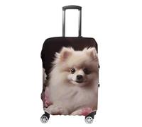 STVNKML Pomeranian And Flowers Suitcase Covers for Luggage - Elastic Luggage Cover Protector, Double-sided Washable Suitcases Sleeve for 19-32 Inch Luggage, white, M, Pomeranian and Flowers