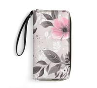 STVNKML Pomeranian And Flowers Womens Wallet Leather Coin Purse Clutch Wristlet Travel Long Wallets Card Organizer, Pink Flowers and Leaves on Gray, 19.7x10.5cm, Modern