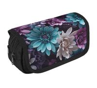 STVNKML Purple And Teal Flowers Pencil Case Organizer - Large Capacity 3 Compartment Pencil Pouch for Adults, Portable Makeup Bag & Aesthetic Stationery Bag with Zipper (8.7x4.3) Unisex Gift