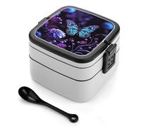 STVNKML Purple Butterfly And Flowers Bento Box with Spoon & Handle - 2 Compartment Leak-Proof Stackable Lunch Box for Adults, BPA-Free Reusable Food Containers for Work, Travel, Picnic