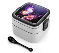STVNKML Purple Butterfly Bento Box with Spoon & Handle - 2 Compartment Leak-Proof Stackable Lunch Box for Adults, BPA-Free Reusable Food Containers for Work, Travel, Picnic