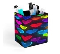 STVNKML Rainbow Hearts Pen Holder, Pencil Holder for Desk, PU Leather Desktop Pen Cup Storage, Square Desk Pencil Pens Organizer, Makeup Brush Holder for Home Office