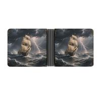 STVNKML Rainforest Parrot Leather Bifold Wallet with 2 Hidden Pockets 6 Card Slots Slim Wallets for Cash, Cards, And ID, Sailing Ship in Stormy Sea, One Size, Modern