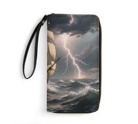 STVNKML Rainforest Parrot Womens Wallet Leather Coin Purse Clutch Wristlet Travel Long Wallets Card Organizer, Sailing Ship in Stormy Sea, 19.7x10.5cm