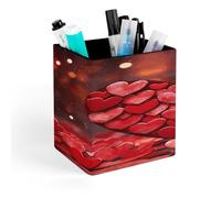 STVNKML Red Hearts Love Pen Holder, Pencil Holder for Desk, PU Leather Desktop Pen Cup Storage, Square Desk Pencil Pens Organizer, Makeup Brush Holder for Home Office
