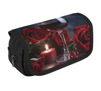 STVNKML Red Wine Rose And Candle Pencil Case Organizer - Large Capacity 3 Compartment Pencil Pouch for Adults, Portable Makeup Bag & Aesthetic Stationery Bag with Zipper (8.7x4.3) Unisex Gift