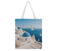 STVNKML Santorini Greek Island Canvas Tote Bag for Women Cute Stylish Shoulder Bag Reusable Shopping Bags for Daily
