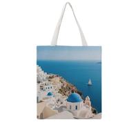 STVNKML Santorini Greek Island Sea View Canvas Tote Bag for Women Cute Stylish Shoulder Bag Reusable Shopping Bags for Daily