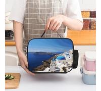 STVNKML Santorini Greek Island Sea View Lunch Bag Tote Leakproof Lunch Box with Adjustable Handle Strap & Side Pocket | Triple Insulation Cooler for Work, Travel | Large Capacity Reusable Meal Bag