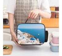 STVNKML Santorini Greek Island Sea View Lunch Bag Tote Leakproof Lunch Box with Adjustable Handle Strap & Side Pocket | Triple Insulation Cooler for Work, Travel | Large Capacity Reusable Meal Bag
