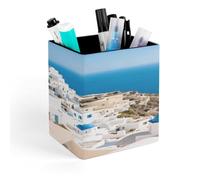 STVNKML Santorini Greek Island Sea View Pen Holder, Pencil Holder for Desk, PU Leather Desktop Pen Cup Storage, Square Desk Pencil Pens Organizer, Makeup Brush Holder for Home Office