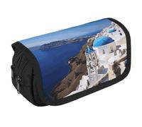 STVNKML Santorini Greek Island Sea View Pencil Case Organizer - Large Capacity 3 Compartment Pencil Pouch for Adults, Portable Makeup Bag & Aesthetic Stationery Bag with Zipper (8.7x4.3) Unisex Gift