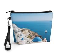 STVNKML Santorini Greek Island Sea View Travel Makeup Bag Large Capacity Toiletry Bag with Handle - Waterproof PU Leather Cosmetic Organizer Bags
