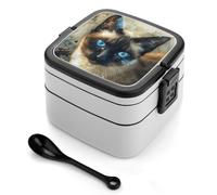 STVNKML Siamese Cat Art Bento Box with Spoon & Handle - 2 Compartment Leak-Proof Stackable Lunch Box for Adults, BPA-Free Reusable Food Containers for Work, Travel, Picnic