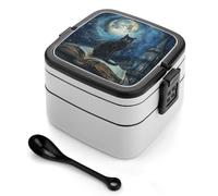 STVNKML Sitting A Black Cat Bento Box with Spoon & Handle - 2 Compartment Leak-Proof Stackable Lunch Box for Adults, BPA-Free Reusable Food Containers for Work, Travel, Picnic