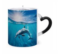 STVNKML Swimming Dolphin in Blue Sea Color Changing Mug Heat Activated Novelty Coffee Cup with Ear Shape Design Gift Mugs for Christmas Birthday Wedding, Magic Ceramic Mug for Tea & Cocoa 12oz