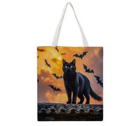 STVNKML The Black Cat Is Pacing on The Roof Canvas Tote Bag for Women Cute Stylish Shoulder Bag Reusable Shopping Bags for Daily