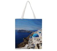 STVNKML Tropical Sunset Beach Canvas Tote Bag for Women - Cute Stylish Shoulder Bag, Reusable Shopping Bags for Daily, Santorini Greek Island Sea View, 38x41cm