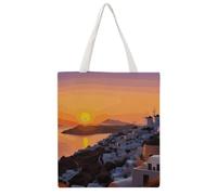STVNKML Tropical Sunset Beach Canvas Tote Bag for Women - Cute Stylish Shoulder Bag, Reusable Shopping Bags for Daily, Greece Island Sunset Landscape, 38x41cm