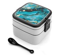 STVNKML Turquoise Blue Gold Marble Bento Box with Spoon & Handle - 2 Compartment Leak-Proof Stackable Lunch Box for Adults, BPA-Free Reusable Food Containers for Work, Travel, Picnic