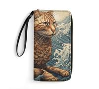 STVNKML Umbrella on Beach Womens Wallet Leather Coin Purse Clutch Wristlet Travel Long Wallets Card Organizer, Cat in the Waves, 19.7x10.5cm