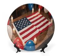 STVNKML USA 4th of July American Flag Ceramic Decorative Plate 6inch Bone China Decorative Plates Dishes with Display Stand Personalized Bone China Decorative Plate with Memorial Gifts for Home Decor