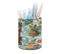 STVNKML Vintage Aloha Tiki Pattern Pen Holder, Pencil Holder for Desk, PU Leather Desktop Pen Cup Storage, Round Desk Pencil Pens Organizer, Makeup Brush Holder for Home Office