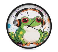 STVNKML Wall Clock, Funny Cute Frog with Headphone Wall Clocks for Living Room Decor Kitchen Clocks Wall - 10 Inch Round Bathroom Wall Clock Silent Non-Ticking
