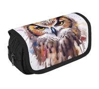 STVNKML Watercolor Cool Owl Head Pencil Case Organizer - Large Capacity 3 Compartment Pencil Pouch for Adults, Portable Makeup Bag & Aesthetic Stationery Bag with Zipper (8.7x4.3) Unisex Gift