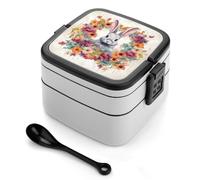 STVNKML Watercolor Rabbit And Flowers Bento Box with Spoon & Handle - 2 Compartment Leak-Proof Stackable Lunch Box for Adults, BPA-Free Reusable Food Containers for Work, Travel, Picnic
