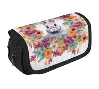 STVNKML Watercolor Rabbit And Flowers Pencil Case Organizer - Large Capacity 3 Compartment Pencil Pouch for Adults, Portable Makeup Bag & Aesthetic Stationery Bag with Zipper (8.7x4.3) Unisex Gift